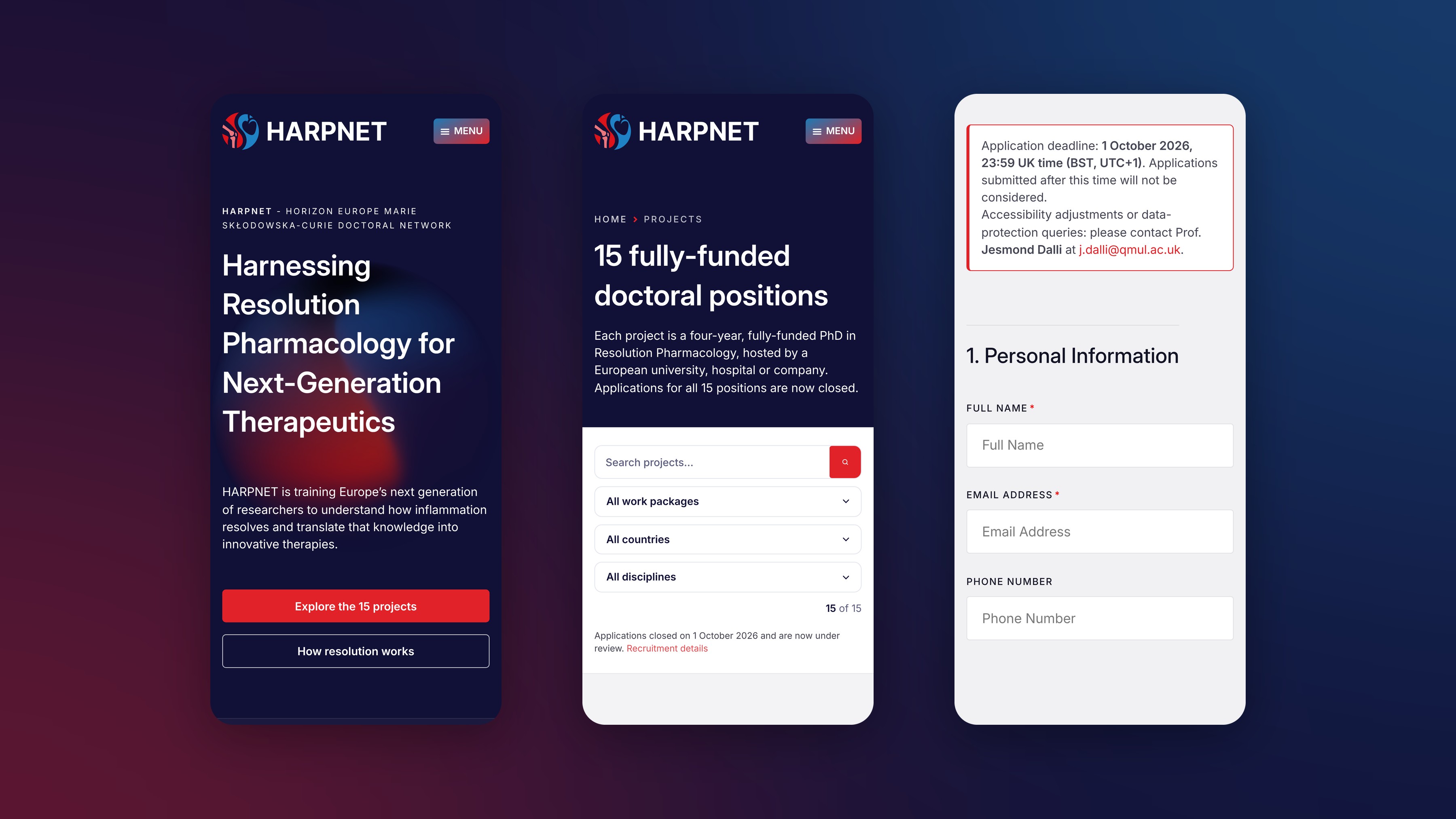 HARPNET website on three mobile screens