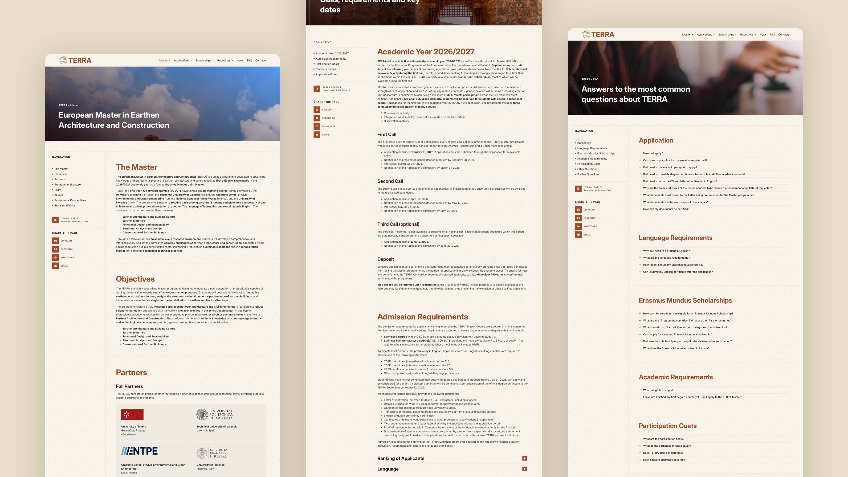 TERRA website pages: The Master, Applications and FAQ